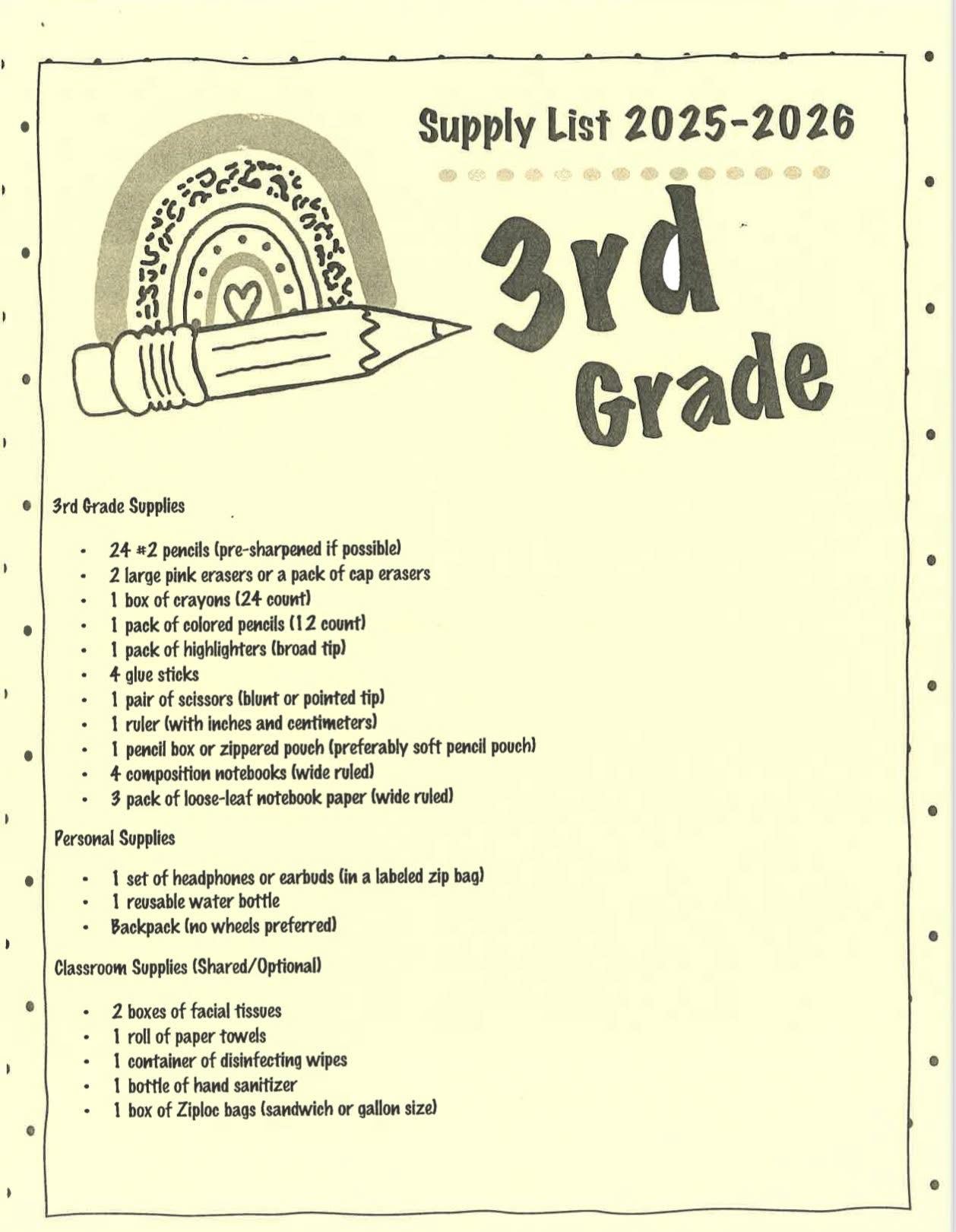 3rd grade Supplies